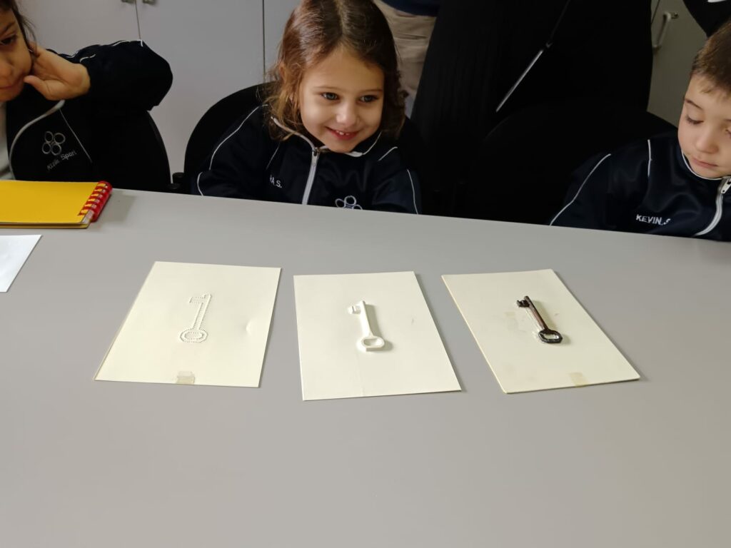 I bambini osservano uno stesso oggetto, in questo caso la chiave, raffigurata su tre fogli in altrettanti modi diversi: prima la chiave nella sua forma originaria, poi in rilievo e infine il contorno della stessa a puntini.
