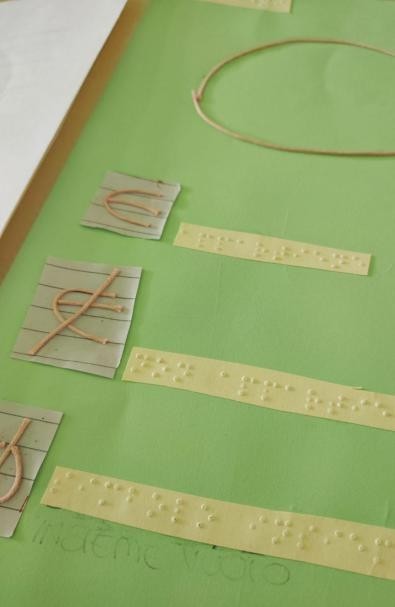 I segni matematici di appartenenza o non appartenenza ad un insieme sono rappresentati in rilievo e affiancati dalla dicitura Braille
